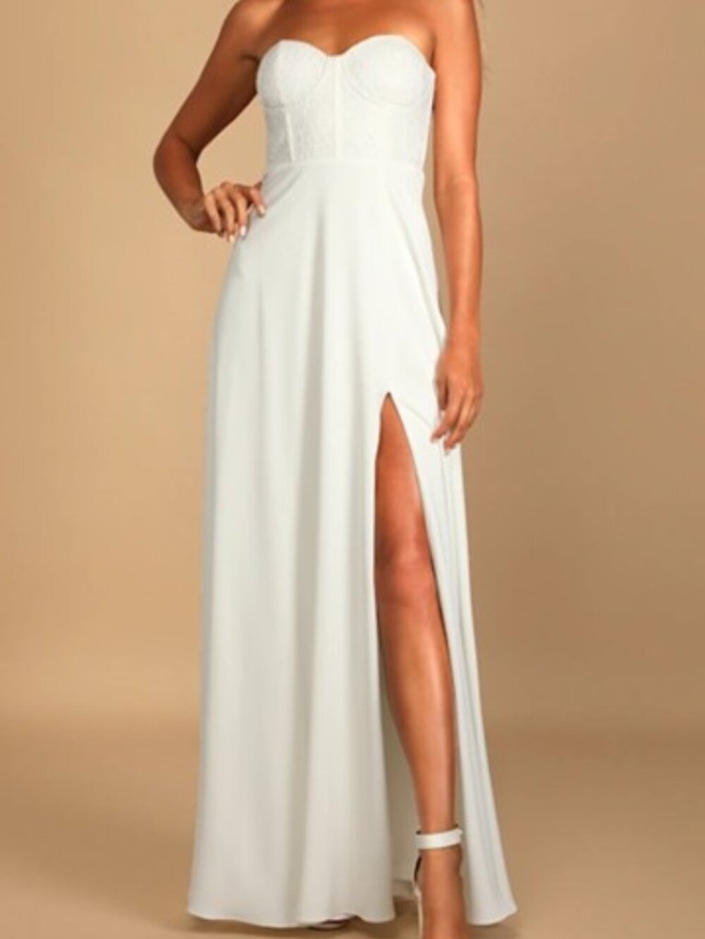 NWT Lulus Perfect Vows White Lace Strapless Bustier Maxi Dress - Size Medium (8)